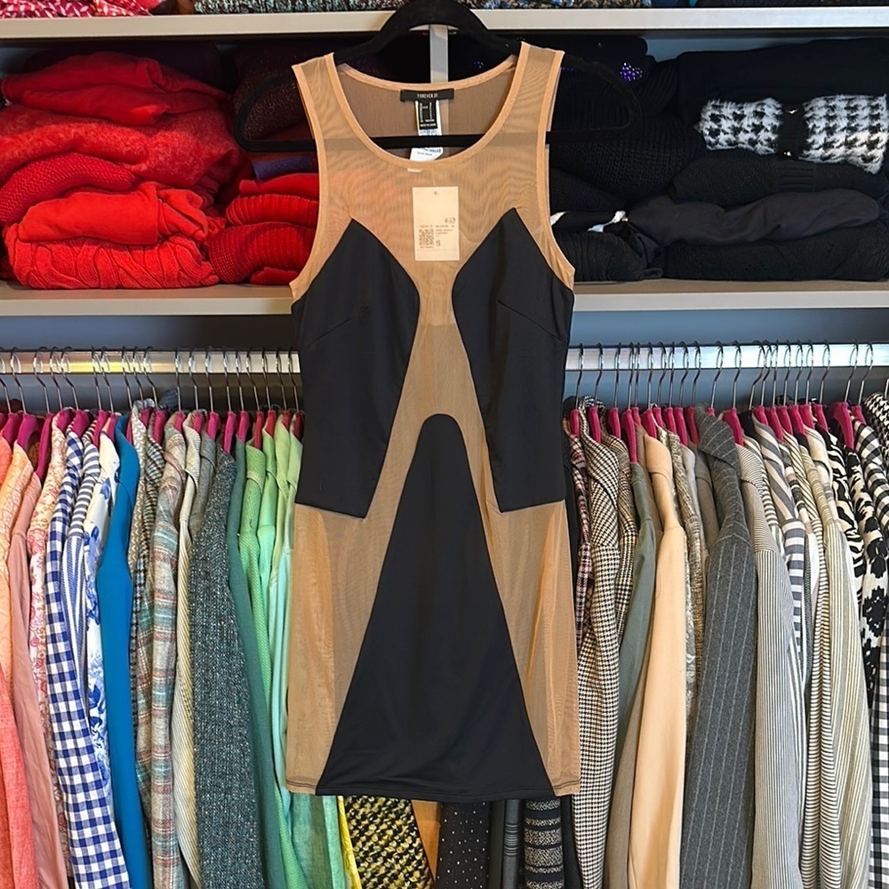 Forever 21 black cut outs tan mesh sleeveless bodycon dress size S NWT